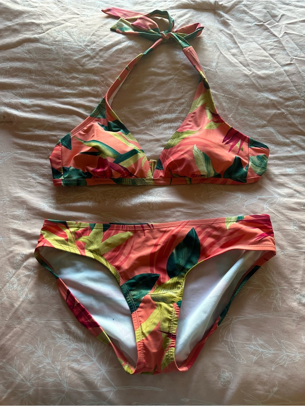 Kona Sol Coral Tropical Leaf Print Bikini Set